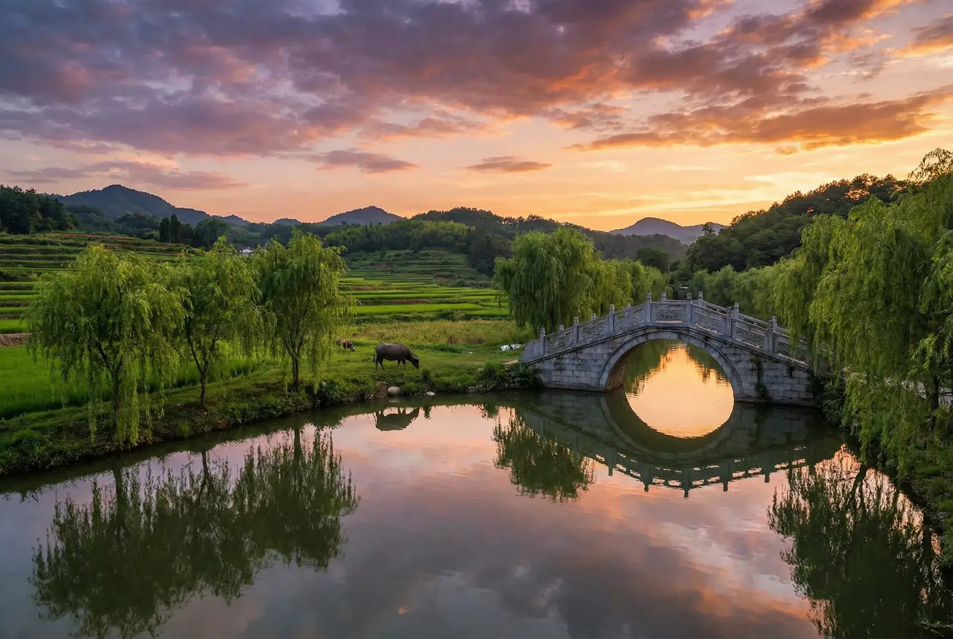 夕阳下的石拱桥与垂柳，水牛在河边吃草 - 搜同 防屏蔽 乡村美景
